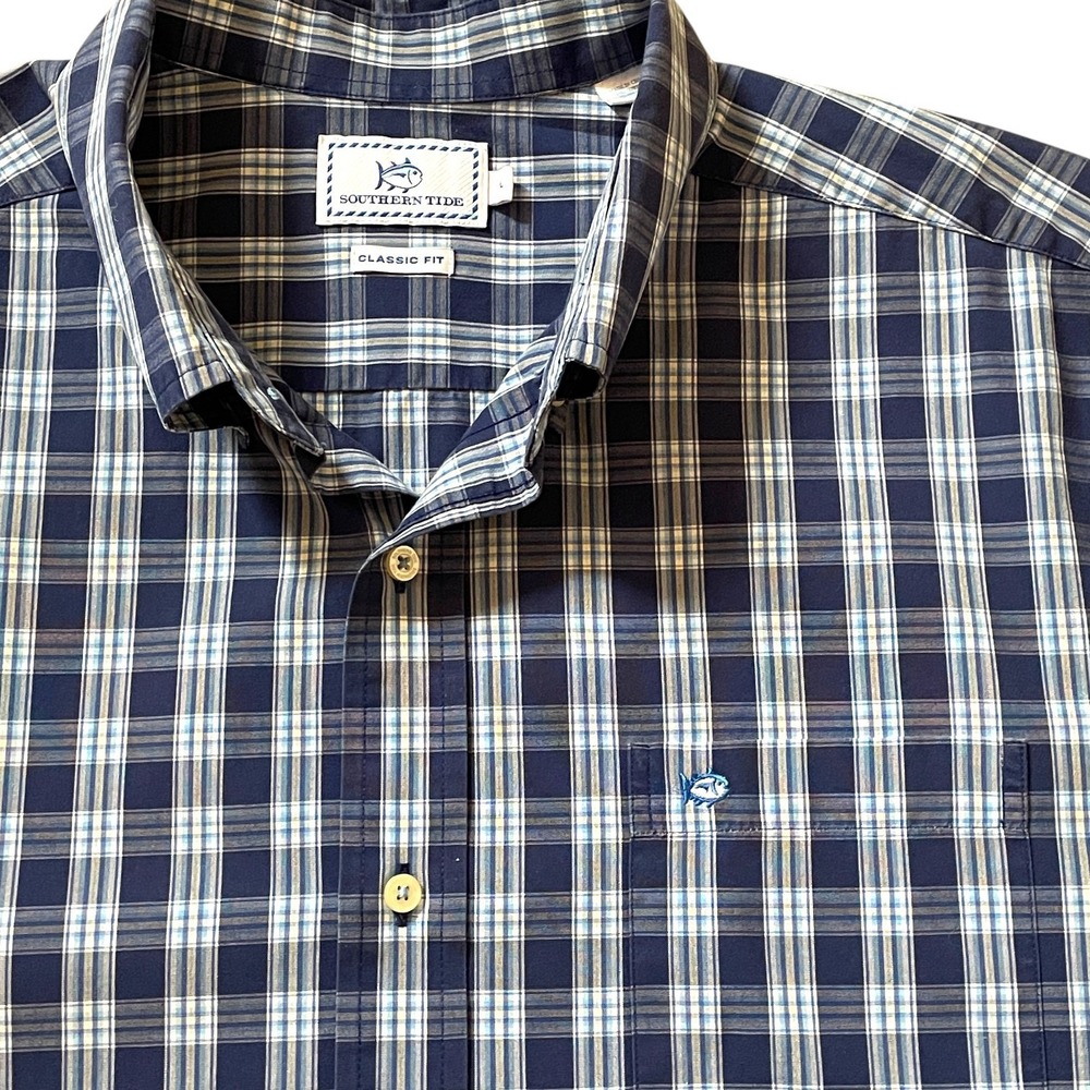 Southern Tide Men's LARGE Blue Plaid Button Up Preppy Whale Classic Fit CLEAN!
